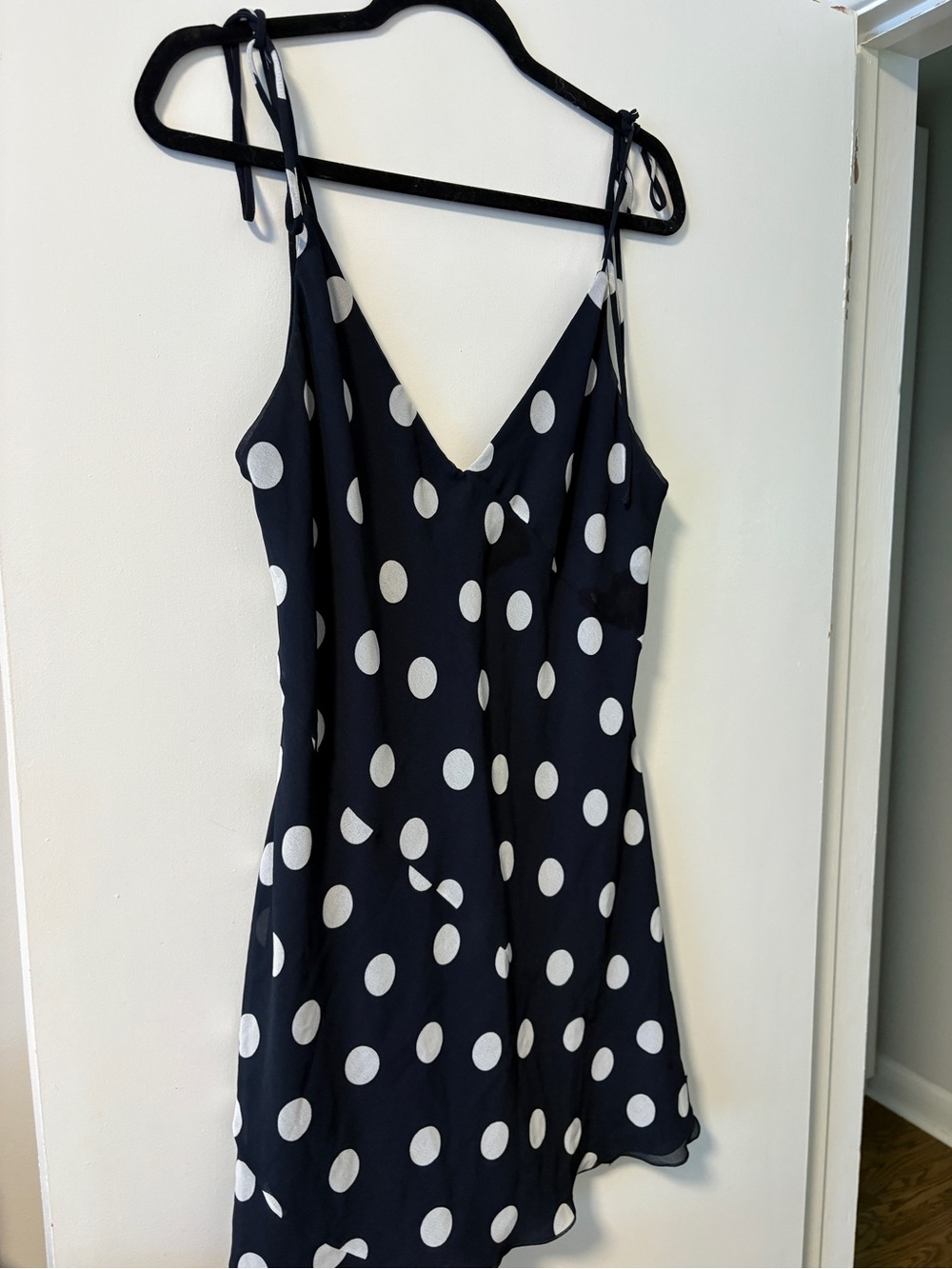 Babaton Navy and White Polka Dot Tie-Shoulder Slip Dress